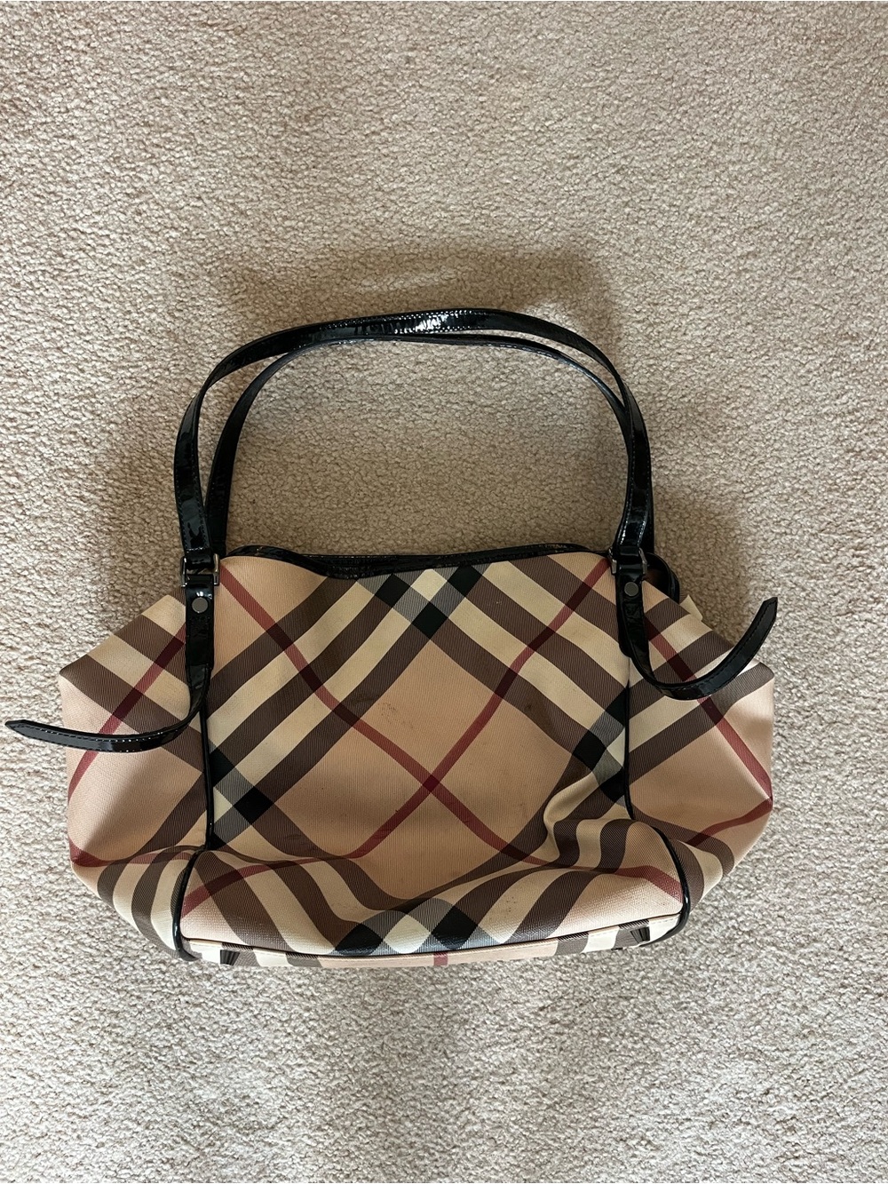 Classic BURBERRY Beige Check Tote Bag with Black Trim